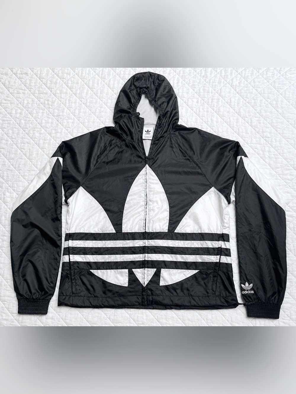 Adidas Originals Big Trefoil Windbreaker Jacket Black White Hooded Y2K​